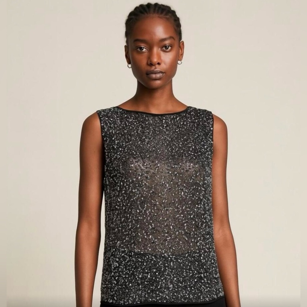 All Saints sheer metallic-sequence hand embellished Sleeveless top. Sz 6 gorg!!